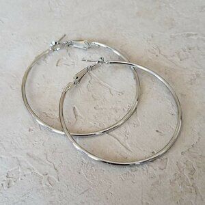 Minimalist Classic Sleek Silver Large Hoop Earrings 50mm 2" Leverback